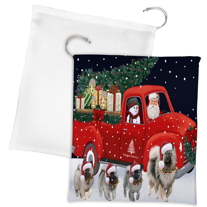 Christmas Express Delivery Red Truck Running Keeshond Dogs Drawstring Laundry or Gift Bag LGB48907