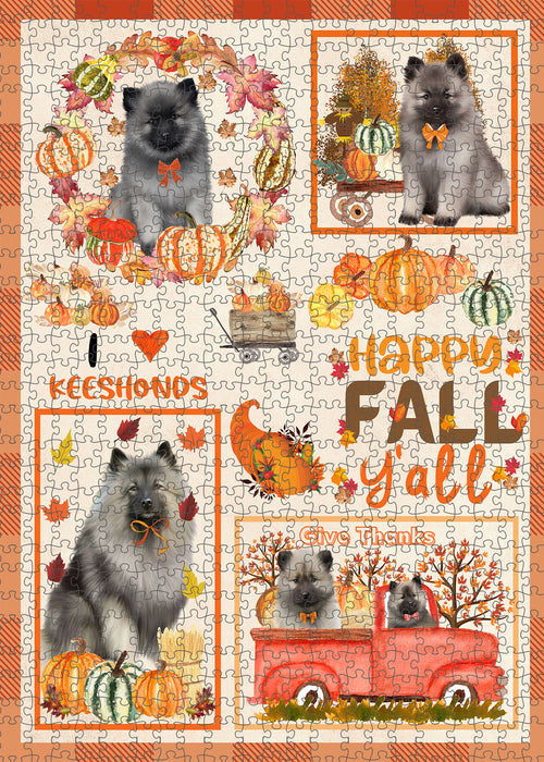 Happy Fall Y'all Pumpkin Keeshond Dogs Portrait Jigsaw Puzzle for Adults Animal Interlocking Puzzle Game Unique Gift for Dog Lover's with Metal Tin Box