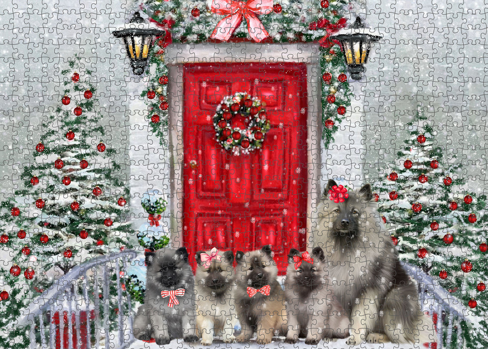 Christmas Holiday Welcome Keeshond Dogs Portrait Jigsaw Puzzle for Adults Animal Interlocking Puzzle Game Unique Gift for Dog Lover's with Metal Tin Box