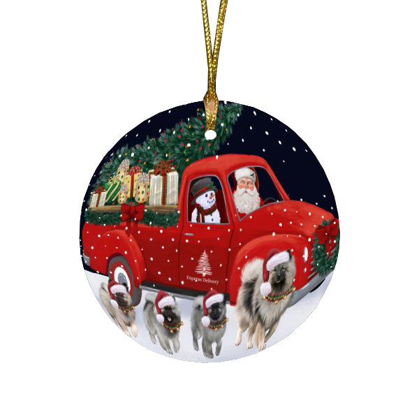 Christmas Express Delivery Red Truck Running Keeshond Dogs Round Flat Christmas Ornament RFPOR57755