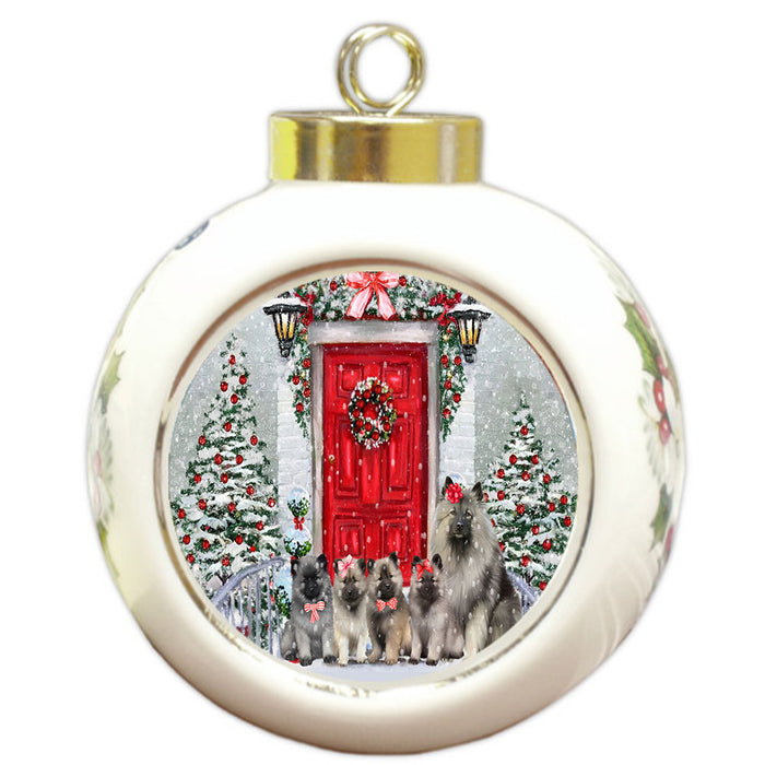 Christmas Holiday Welcome Keeshond Dogs Round Ball Christmas Ornament Pet Decorative Hanging Ornaments for Christmas X-mas Tree Decorations - 3" Round Ceramic Ornament