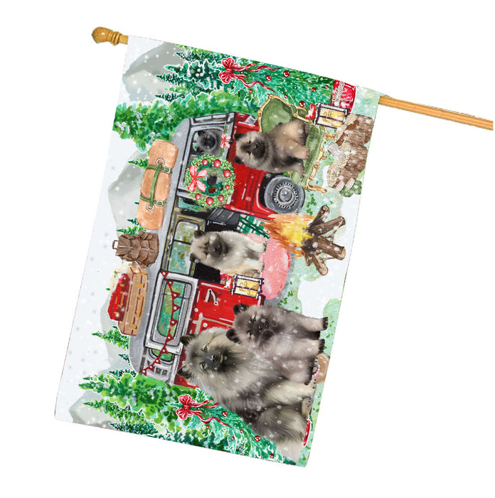 Christmas Time Camping with Keeshond Dogs House Flag Outdoor Decorative Double Sided Pet Portrait Weather Resistant Premium Quality Animal Printed Home Decorative Flags 100% Polyester
