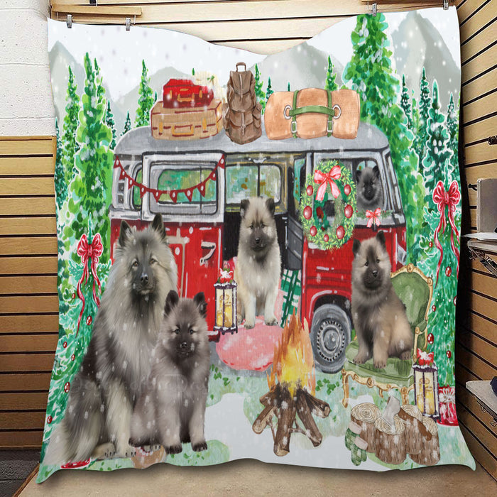 Christmas Time Camping with Keeshond Dogs  Quilt Bed Coverlet Bedspread - Pets Comforter Unique One-side Animal Printing - Soft Lightweight Durable Washable Polyester Quilt