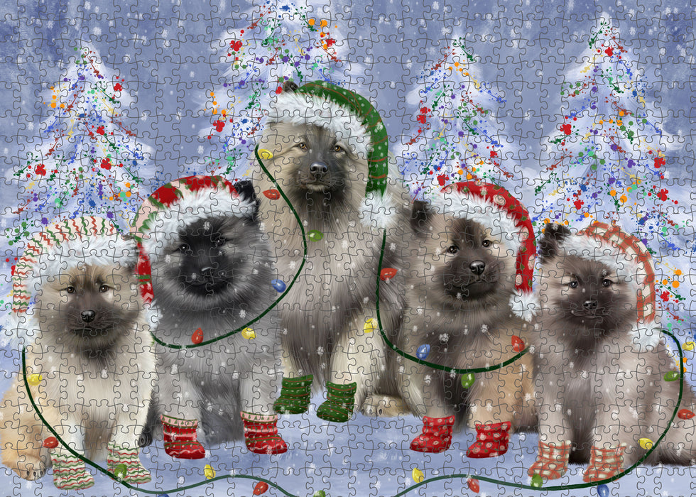Christmas Lights and Keeshond Dogs Portrait Jigsaw Puzzle for Adults Animal Interlocking Puzzle Game Unique Gift for Dog Lover's with Metal Tin Box