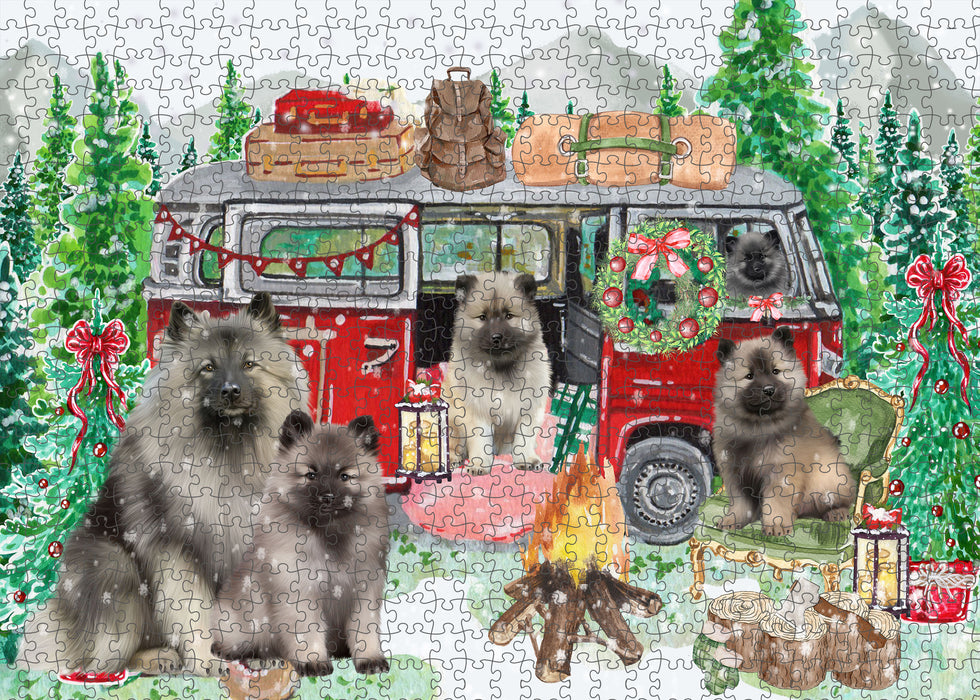 Christmas Time Camping with Keeshond Dogs Portrait Jigsaw Puzzle for Adults Animal Interlocking Puzzle Game Unique Gift for Dog Lover's with Metal Tin Box