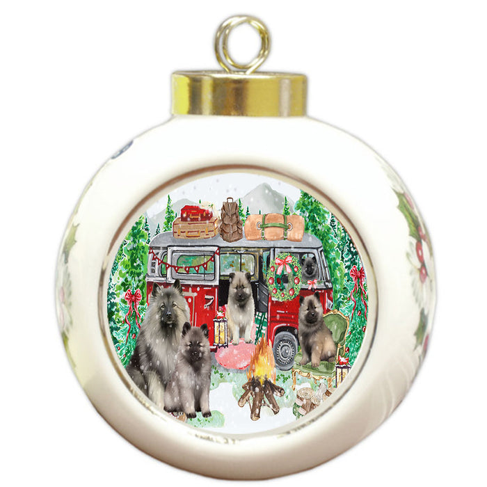 Christmas Time Camping with Keeshond Dogs Round Ball Christmas Ornament Pet Decorative Hanging Ornaments for Christmas X-mas Tree Decorations - 3" Round Ceramic Ornament