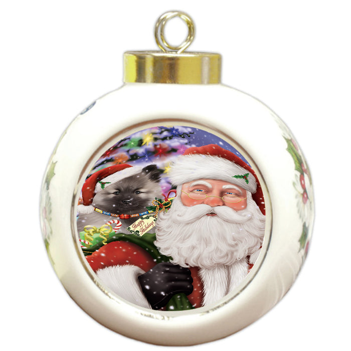 Santa Carrying Keeshond Dog and Christmas Presents Round Ball Christmas Ornament RBPOR53693