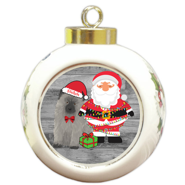 Custom Personalized Keeshond Dog With Santa Wrapped in Light Christmas Round Ball Ornament