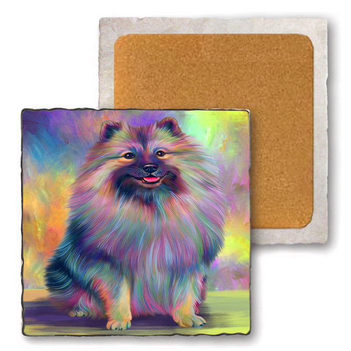 Paradise Wave Keeshond Dog Set of 4 Natural Stone Marble Tile Coasters MCST51072