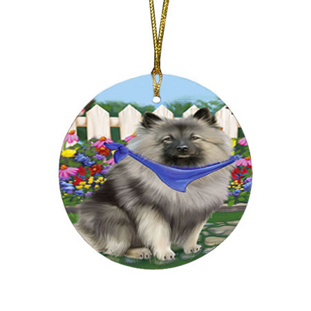 Spring Floral Keeshond Dog Round Flat Christmas Ornament RFPOR52256