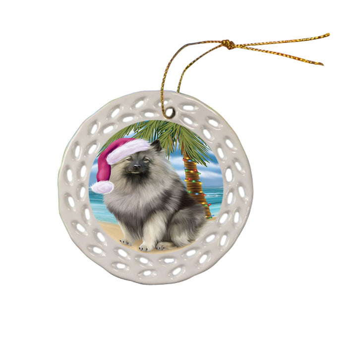Summertime Happy Holidays Christmas Keeshond Dog on Tropical Island Beach Ceramic Doily Ornament DPOR54566