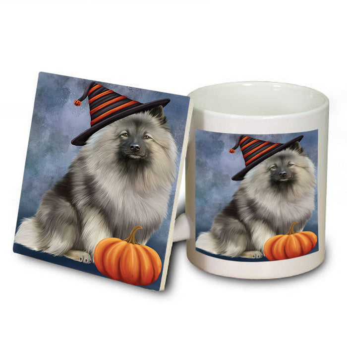 Happy Halloween Keeshond Dog Wearing Witch Hat with Pumpkin Mug and Coaster Set MUC54726