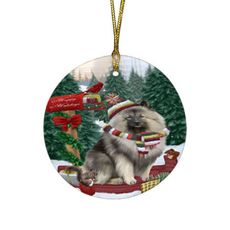 Merry Christmas Woodland Sled Keeshond Dog Round Flat Christmas Ornament RFPOR55313