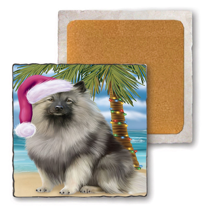 Summertime Happy Holidays Christmas Keeshond Dog on Tropical Island Beach Set of 4 Natural Stone Marble Tile Coasters MCST49438