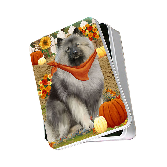 Fall Autumn Greeting Keeshond Dog with Pumpkins Photo Storage Tin PITN52336