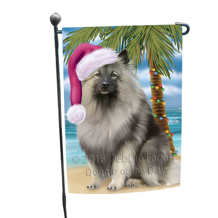 Summertime Happy Holidays Christmas Keeshond Dog on Tropical Island Beach Garden Flag GFLG54628