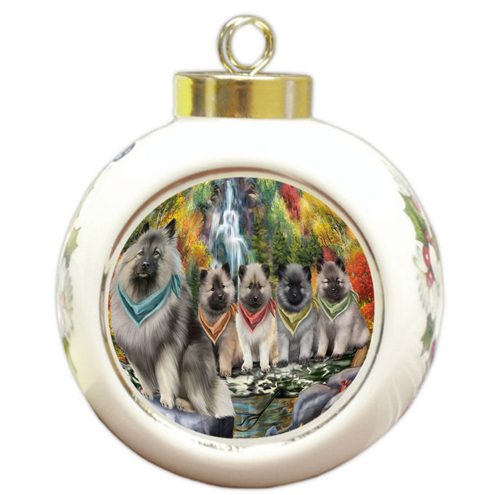 Scenic Waterfall Keeshonds Dog Round Ball Christmas Ornament RBPOR51908