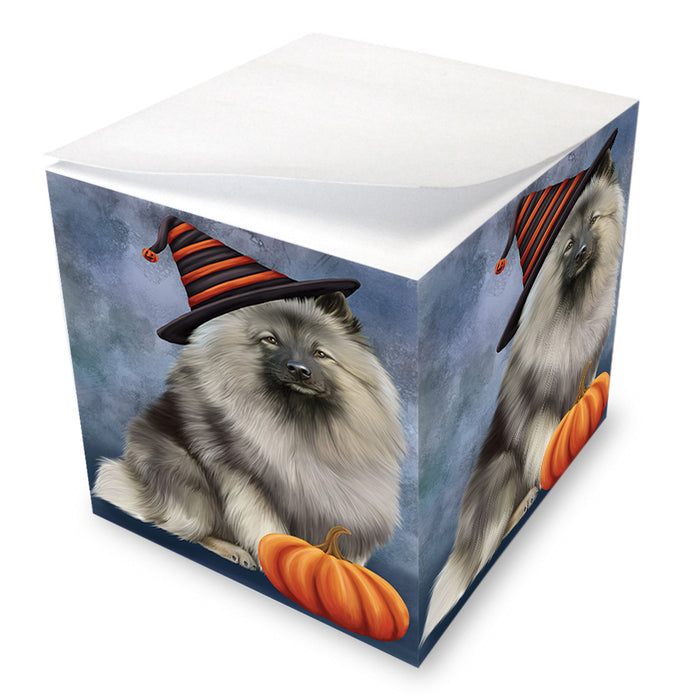Happy Halloween Keeshond Dog Wearing Witch Hat with Pumpkin Note Cube NOC56380