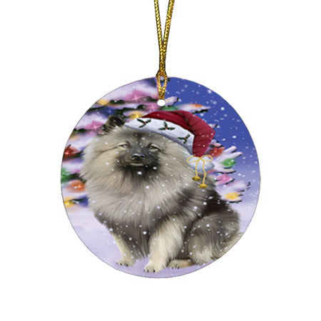 Winterland Wonderland Keeshond Dog In Christmas Holiday Scenic Background Round Flat Christmas Ornament RFPOR53755