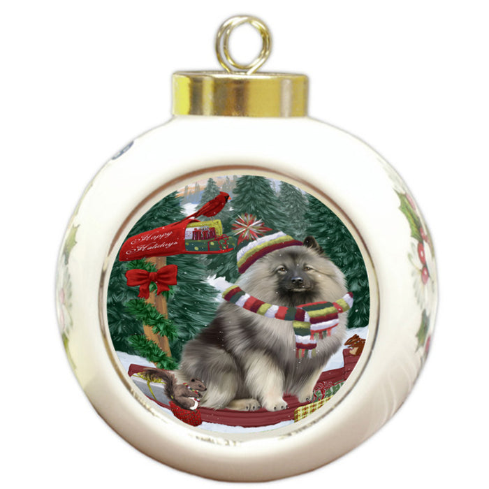 Merry Christmas Woodland Sled Keeshond Dog Round Ball Christmas Ornament RBPOR55313