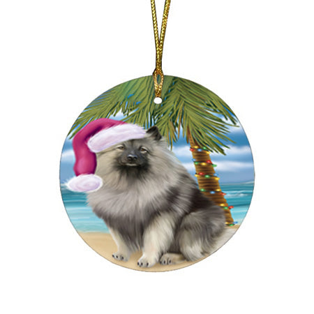 Summertime Happy Holidays Christmas Keeshond Dog on Tropical Island Beach Round Flat Christmas Ornament RFPOR54557