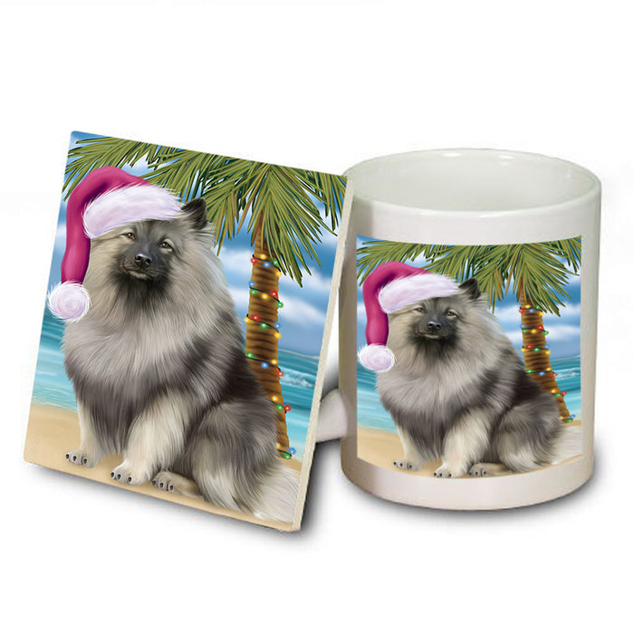 Summertime Happy Holidays Christmas Keeshond Dog on Tropical Island Beach Mug and Coaster Set MUC54430