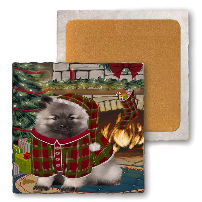 The Stocking was Hung Keeshond Dog Set of 4 Natural Stone Marble Tile Coasters MCST50344