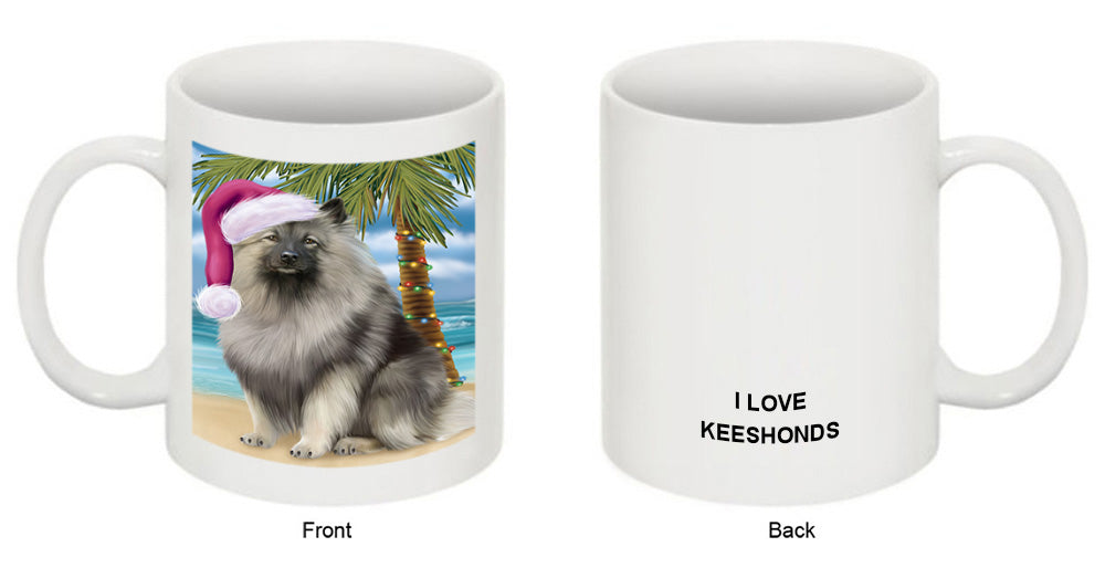 Summertime Happy Holidays Christmas Keeshond Dog on Tropical Island Beach Coffee Mug MUG49836