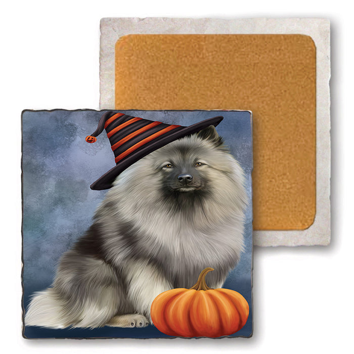 Happy Halloween Keeshond Dog Wearing Witch Hat with Pumpkin Set of 4 Natural Stone Marble Tile Coasters MCST49734