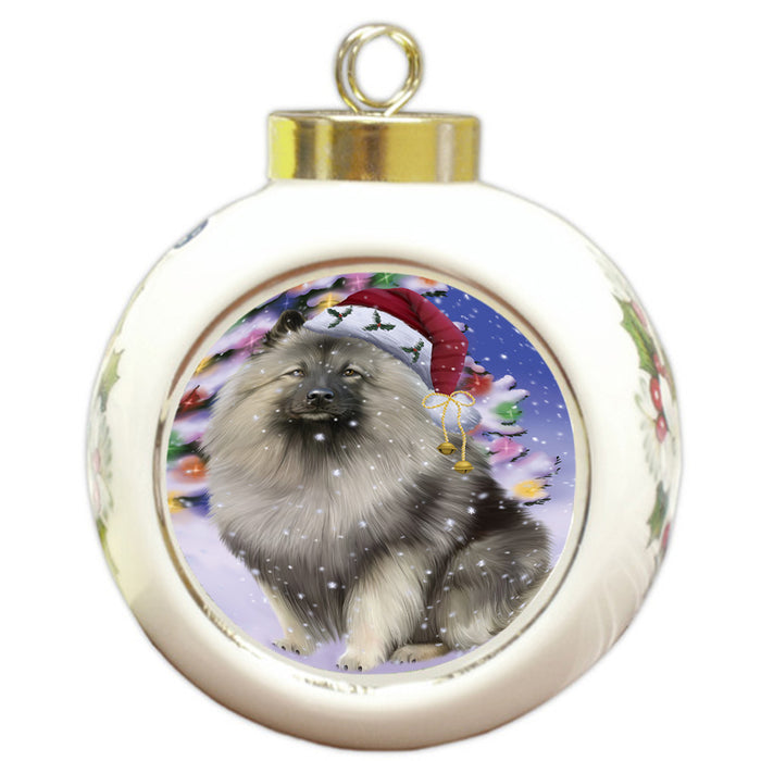 Winterland Wonderland Keeshond Dog In Christmas Holiday Scenic Background Round Ball Christmas Ornament RBPOR53764