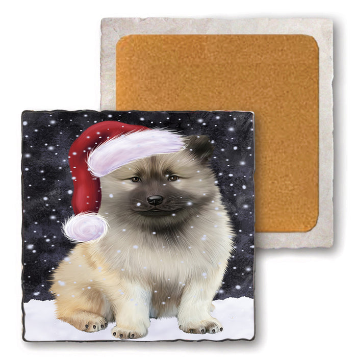 Let it Snow Christmas Holiday Keeshond Dog Wearing Santa Hat Set of 4 Natural Stone Marble Tile Coasters MCST49306