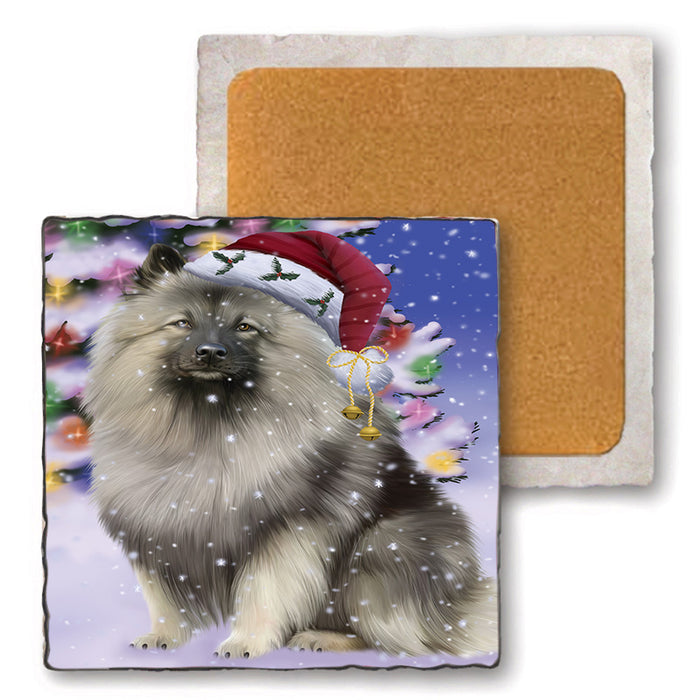 Winterland Wonderland Keeshond Dog In Christmas Holiday Scenic Background Set of 4 Natural Stone Marble Tile Coasters MCST48764