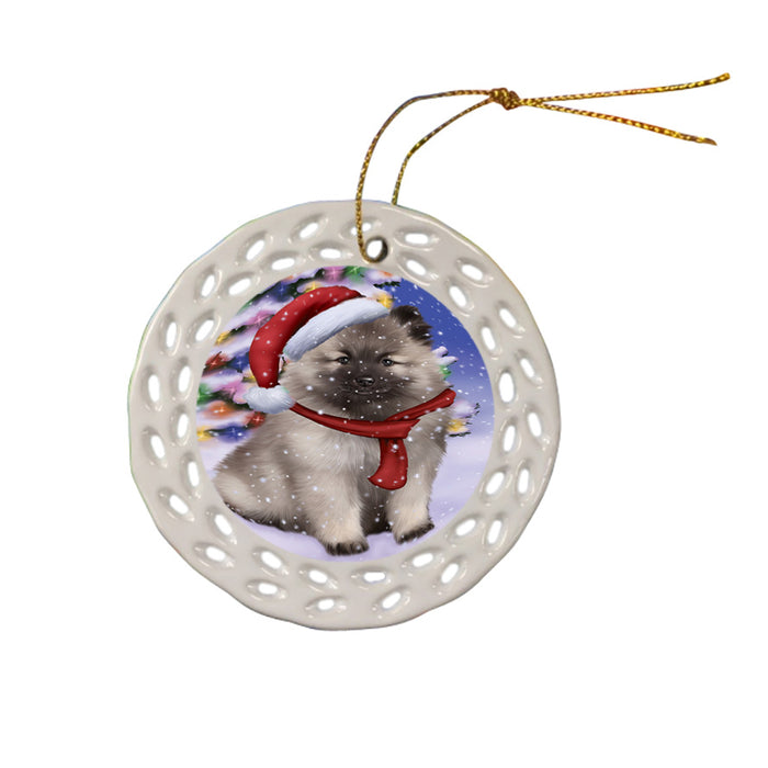 Winterland Wonderland Keeshond Dog In Christmas Holiday Scenic Background Ceramic Doily Ornament DPOR53765