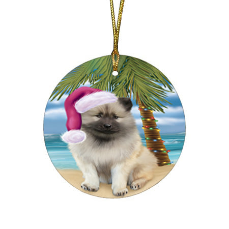 Summertime Happy Holidays Christmas Keeshond Dog on Tropical Island Beach Round Flat Christmas Ornament RFPOR54558