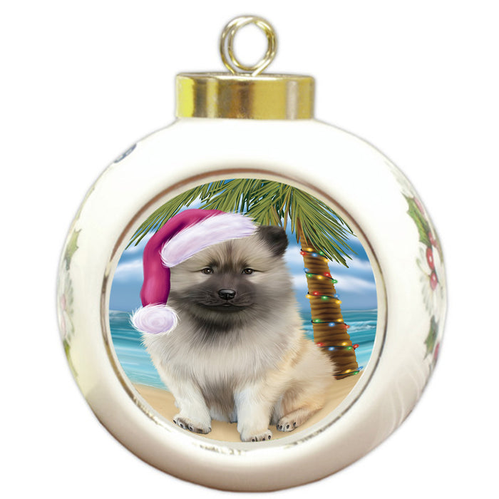 Summertime Happy Holidays Christmas Keeshond Dog on Tropical Island Beach Round Ball Christmas Ornament RBPOR54567