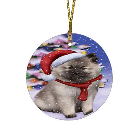Winterland Wonderland Keeshond Dog In Christmas Holiday Scenic Background Round Flat Christmas Ornament RFPOR53756