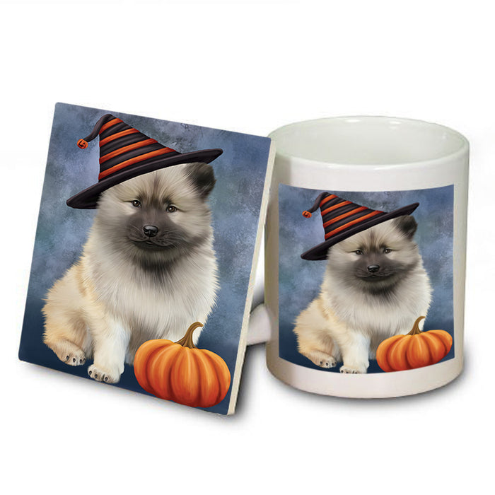 Happy Halloween Keeshond Dog Wearing Witch Hat with Pumpkin Mug and Coaster Set MUC54727
