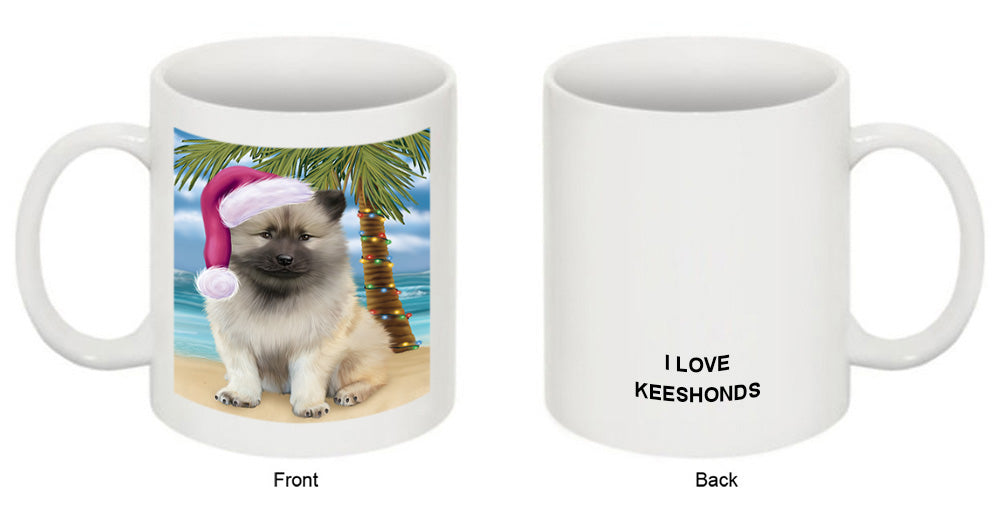 Summertime Happy Holidays Christmas Keeshond Dog on Tropical Island Beach Coffee Mug MUG49837