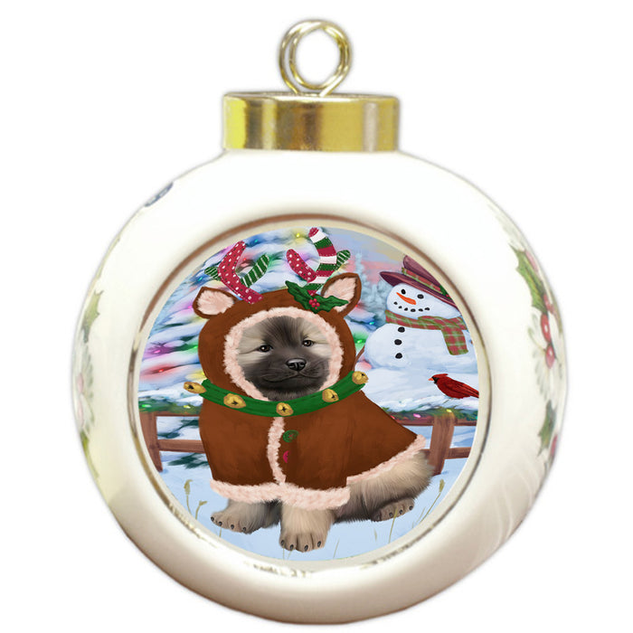 Christmas Gingerbread House Candyfest Keeshond Dog Round Ball Christmas Ornament RBPOR56727