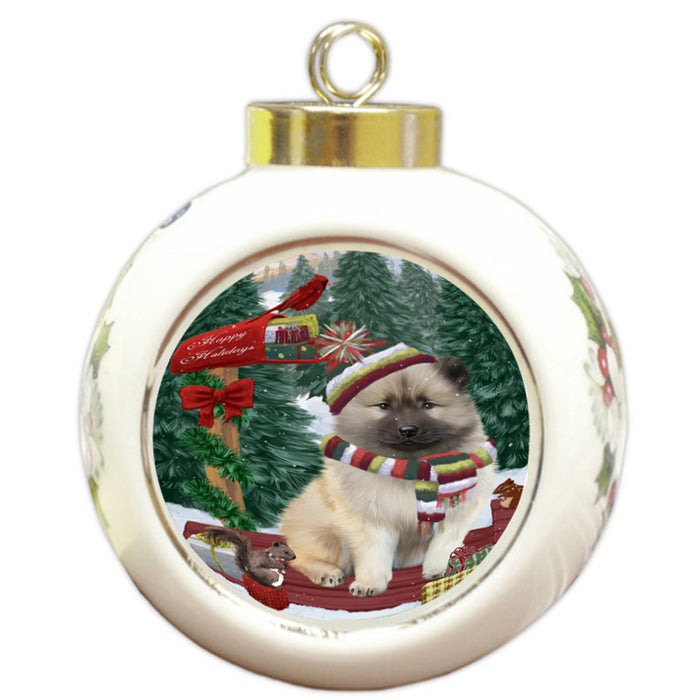 Merry Christmas Woodland Sled Keeshond Dog Round Ball Christmas Ornament RBPOR55314