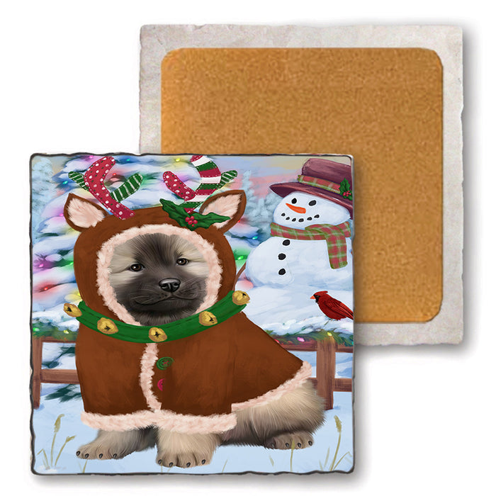 Christmas Gingerbread House Candyfest Keeshond Dog Set of 4 Natural Stone Marble Tile Coasters MCST51371