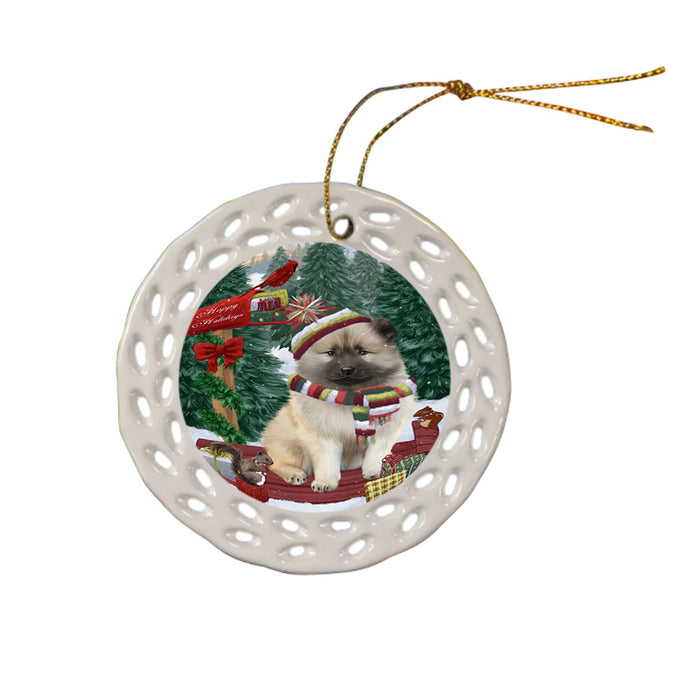 Merry Christmas Woodland Sled Keeshond Dog Ceramic Doily Ornament DPOR55314