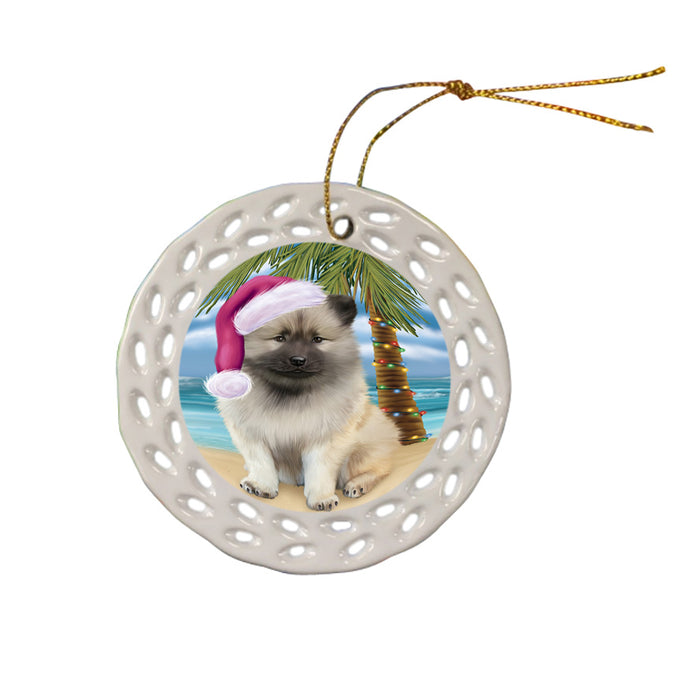 Summertime Happy Holidays Christmas Keeshond Dog on Tropical Island Beach Ceramic Doily Ornament DPOR54567