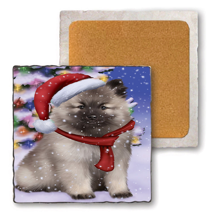 Winterland Wonderland Keeshond Dog In Christmas Holiday Scenic Background Set of 4 Natural Stone Marble Tile Coasters MCST48765