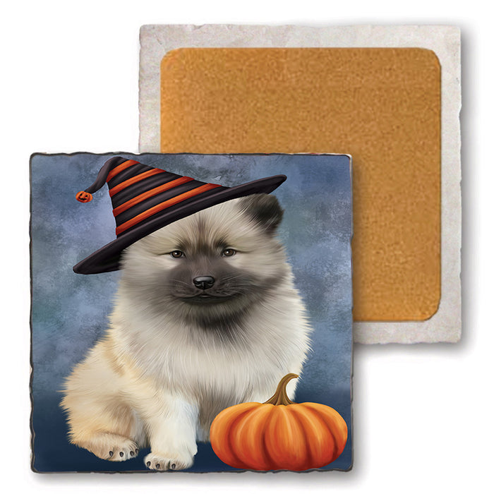 Happy Halloween Keeshond Dog Wearing Witch Hat with Pumpkin Set of 4 Natural Stone Marble Tile Coasters MCST49735