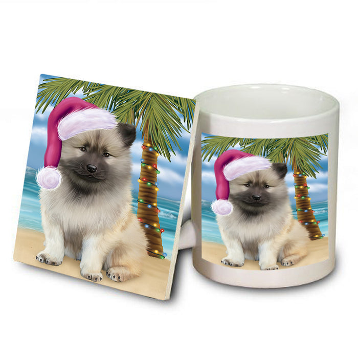 Summertime Happy Holidays Christmas Keeshond Dog on Tropical Island Beach Mug and Coaster Set MUC54431