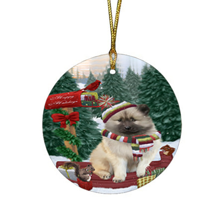 Merry Christmas Woodland Sled Keeshond Dog Round Flat Christmas Ornament RFPOR55314