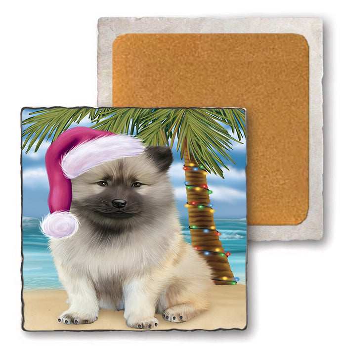Summertime Happy Holidays Christmas Keeshond Dog on Tropical Island Beach Set of 4 Natural Stone Marble Tile Coasters MCST49439
