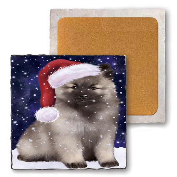 Let it Snow Christmas Holiday Keeshond Dog Wearing Santa Hat Set of 4 Natural Stone Marble Tile Coasters MCST49307