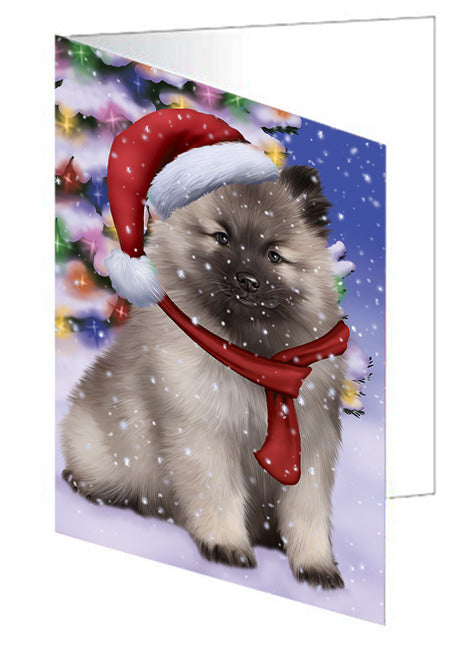 Winterland Wonderland Keeshond Dog In Christmas Holiday Scenic Background Handmade Artwork Assorted Pets Greeting Cards and Note Cards with Envelopes for All Occasions and Holiday Seasons GCD65324